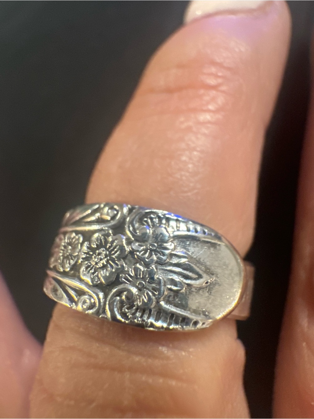 Floral Engraved Spoon Ring in Silver Tone